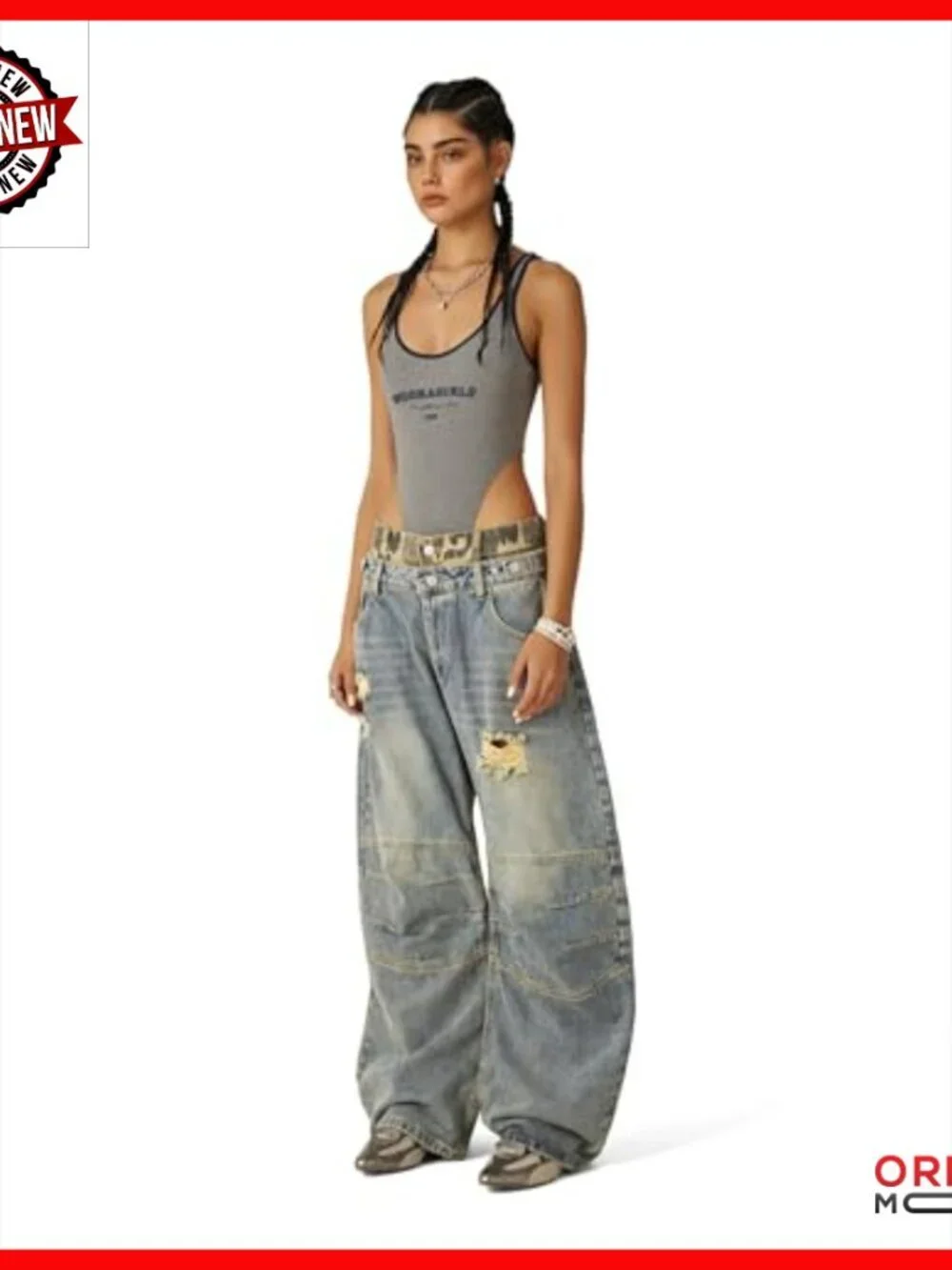 Wide Leg Denim Pants Double Waist Retro Washed Baggy Streetwear Jeans